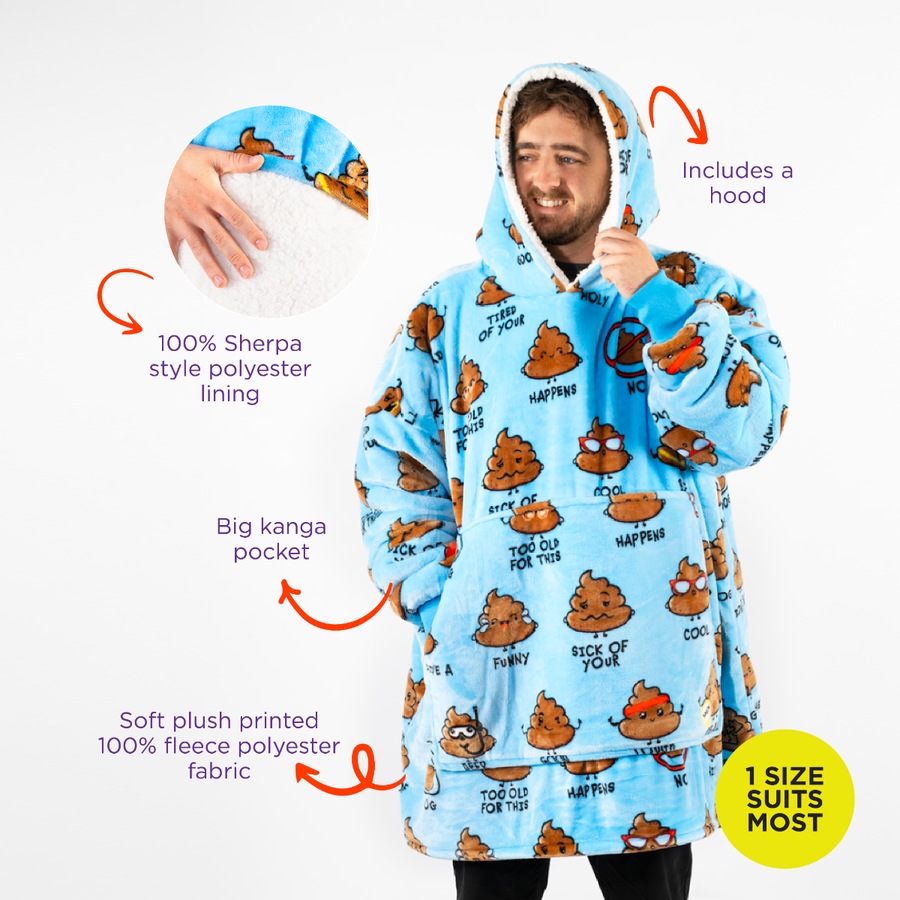 Stay Cosy Poo Emoji Blue Oversized Blanket Hoodie - Universal Fit