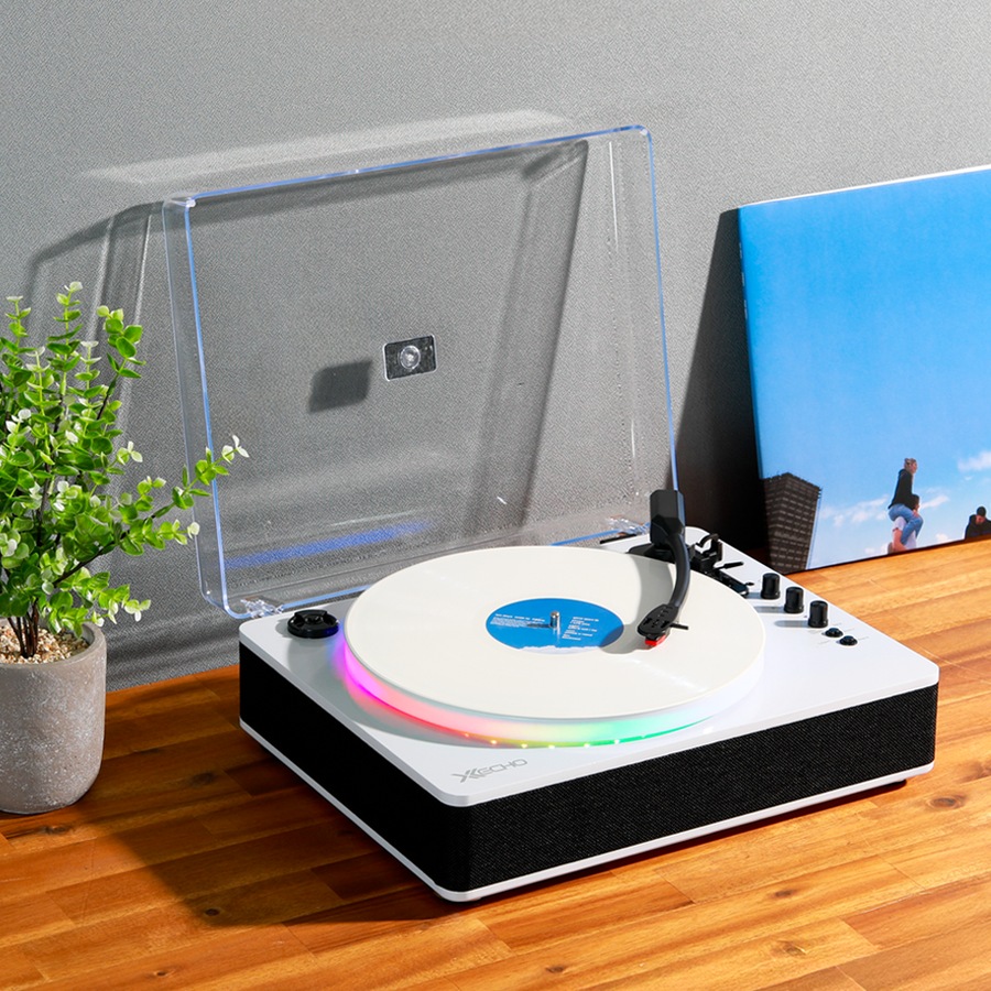 X Echo Retro Turntable Vinyl Record Player with Bluetooth & RGB LED Lights - Pearl White