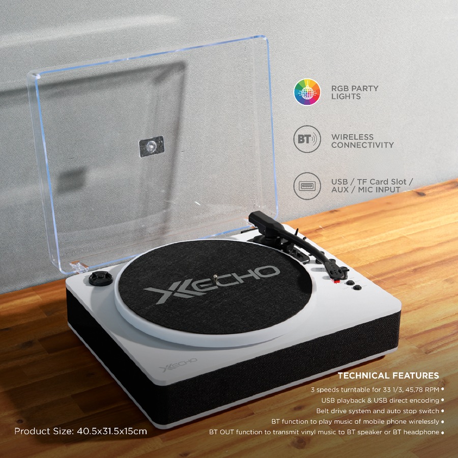 X Echo Retro Turntable Vinyl Record Player with Bluetooth & RGB LED Lights - Pearl White