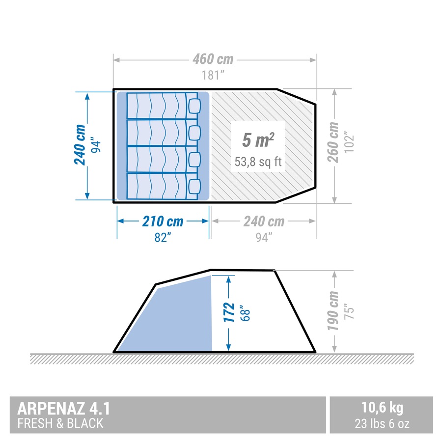 Quechua Camping Tent With Poles Arpenaz 4.1 F&B 4 Persons 1 Bedroom