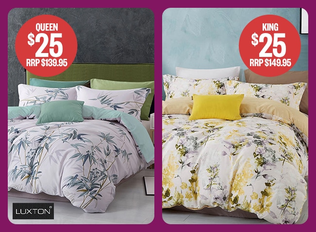 Queen RRP $139.95 | $25 | King RRP $149.95 | $25 | Logo: Luxton