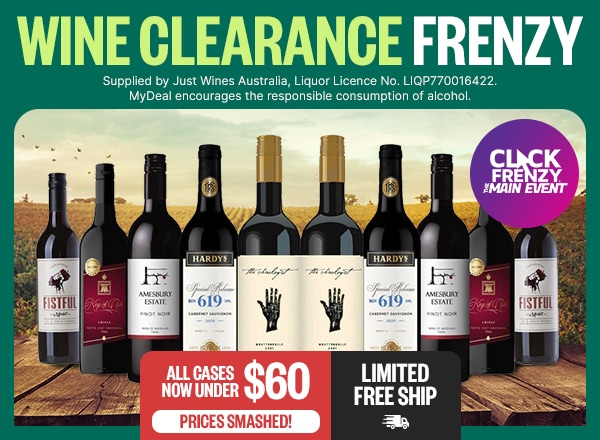 Wine Clearance Frenzy - All Cases Now Under $60 - Prices Smashed! - Limited Free Ship - Supplied by Just Wines Australia, Liquor Licence No. LIQP770016422. MyDeal encourages the responsible consumption of alcohol. - Click Frenzy: The Main Event Badge