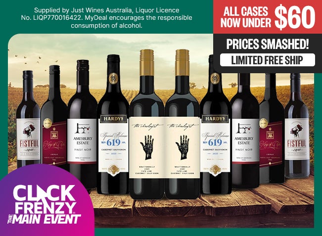 All Cases Now Under $60 - Prices Smashed! - Limited Free Ship - Supplied by Just Wines Australia, Liquor Licence No. LIQP770016422. MyDeal encourages the responsible consumption of alcohol. - Click Frenzy: The Main Event Badge