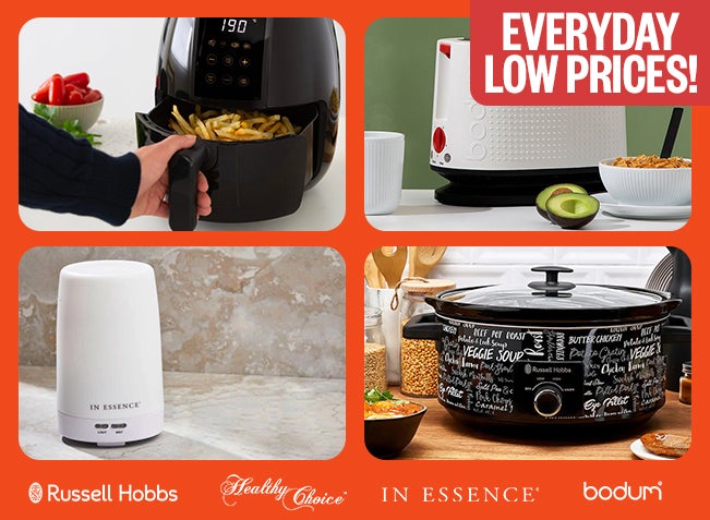 Everyday Low Prices! - Russell Hobbs Logo - Healthy Choice Logo - In Essence Logo - Bodum Logo