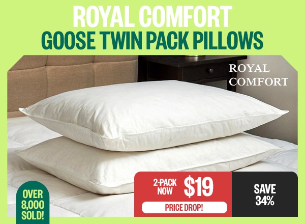 Royal Comfort Goose Twin Pack Pillows - 2-Pack Now $19 - Price Drop! - Save 34% - Over 8,000 Sold!