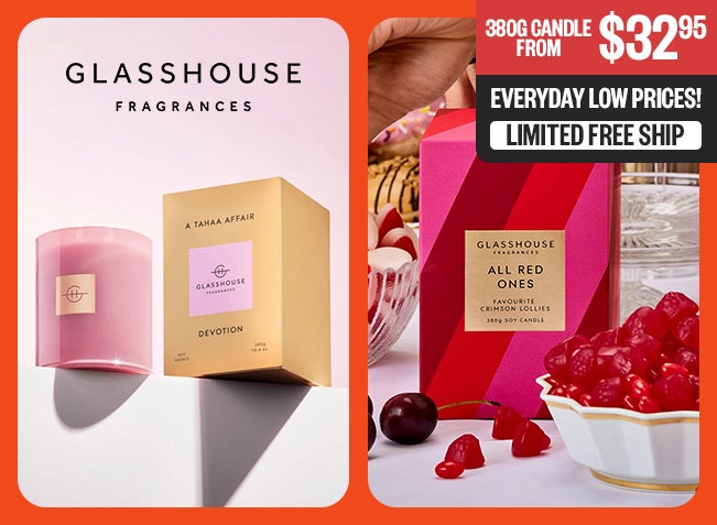 Everyday Low Prices! | 380G Candle From $32.95 | Limited Free Ship | Glasshouse Logo