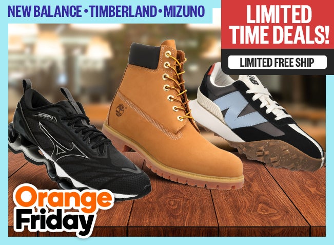 Limited Time Deals! - Limited Free Ship - New Balance, Timberland & Mizuno - Orange Friday Badge