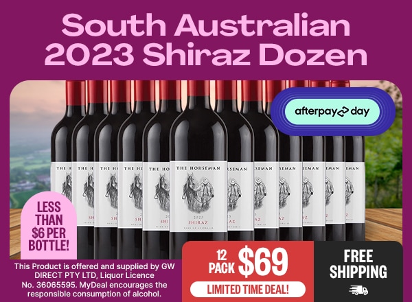 South Australian 2023 Shiraz Dozen | APD: Limited Time Deal! | 12-Pack $69 | Free Shipping | Badge: Less Than $6 Per Bottle! | Fineprint: This Product is offered and supplied by GW DIRECT PTY LTD, Liquor Licence No. 36065595. MyDeal encourages the responsible consumption of alcohol.