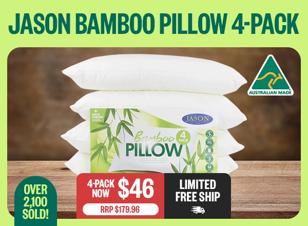 Jason Bamboo Pillow 4-Pack | 4-Pack Now $46 | RRP $179.96 | Limited Free Ship | Badge: Over 2,100 Sold! | Logo: Australian Made