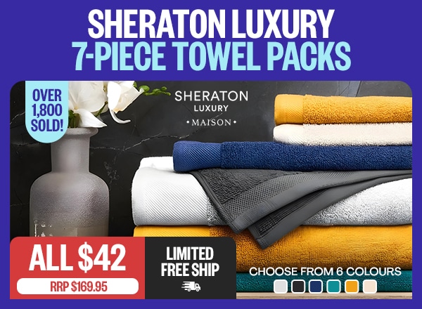 Sheraton Luxury 7-Piece Towel Packs | RRP $169.95 | All $42 | Limited Free Ship | Logo Sheraton | *Colour swatched: Choose From 6 Colours | Badge: Over 1,800 Sold!