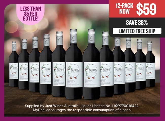 12-Pack Now $59 | Save 38% | Limited Free Ship | Badge: Less Than $5 Per Bottle! | FP: Supplied by Just Wines Australia, Liquor Licence No. LIQP770016422. MyDeal encourages the responsible consumption of alcohol