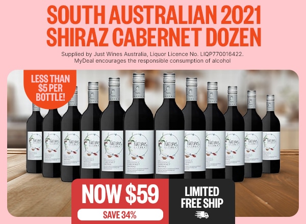 SPD | South Australian 2021 Shiraz Cabernet Dozen - Now $59 | Save 34% | Limited Free Ship | Badge: Less Than $5 A Bottle |  FP: Supplied by Just Wines Australia, Liquor Licence No. LIQP770016422. MyDeal encourages the responsible consumption of alcohol