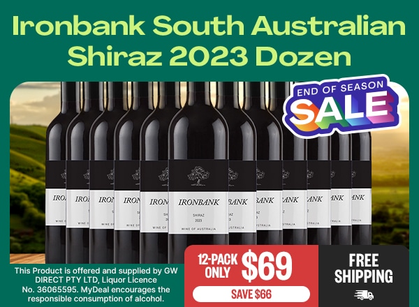 Ironbank South Australian Shiraz 2023 Dozen - EOS: 12-Pack Only $69 | Save $66 | Free Shipping | Fineprint: This Product is offered and supplied by GW DIRECT PTY LTD, Liquor Licence No. 36065595. MyDeal encourages the responsible consumption of alcohol.