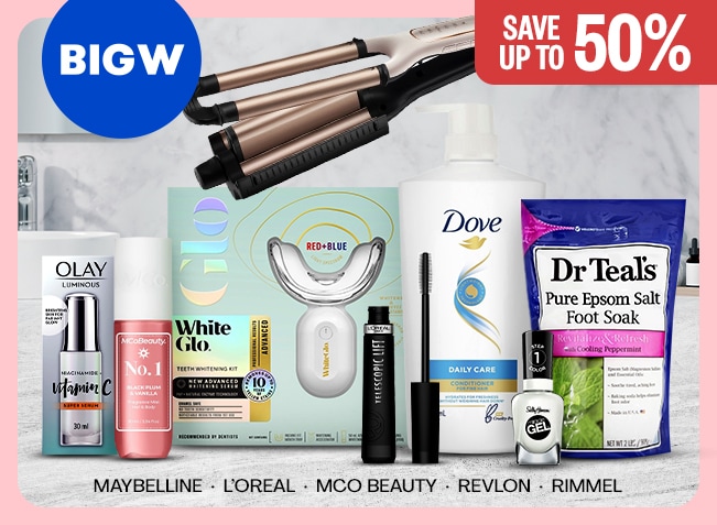 Save up to 50% | Logos: BigW, Maybelline, L'Oreal, MCo Beauty, Revlon, Rimmel