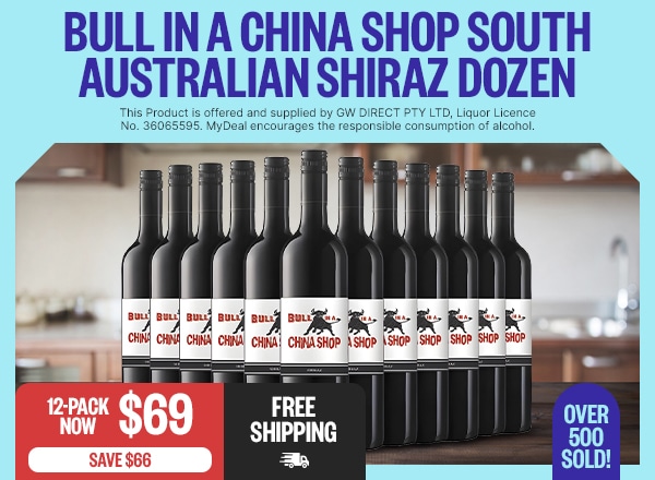 Bull In A China Shop South Australian Shiraz Dozen - 12-Pack Now $69 | Save $66 | Free Shipping | Badge: Over 500 Sold! | Fineprint: This Product is offered and supplied by GW DIRECT PTY LTD, Liquor Licence No. 36065595. MyDeal encourages the responsible consumption of alcohol.