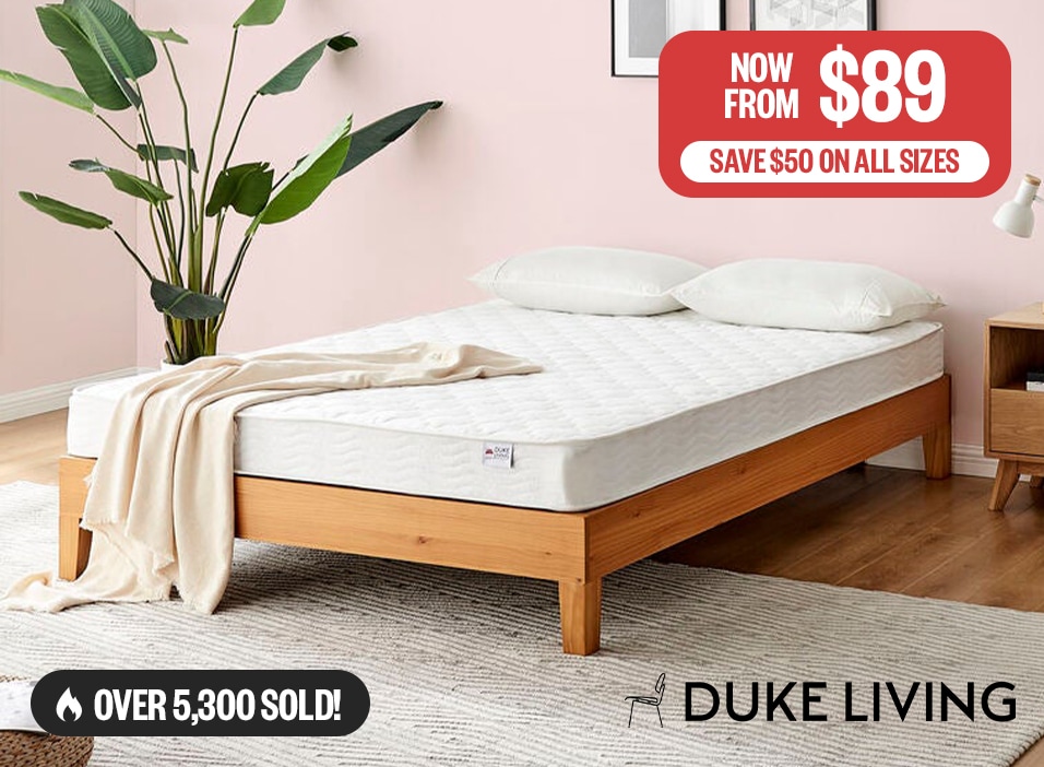 DukeLiving Innerspring Mattress | Now From $89 | Save $50 On All Sizes | Logo: DukeLiving | Badge: Over 5,300 Sold!