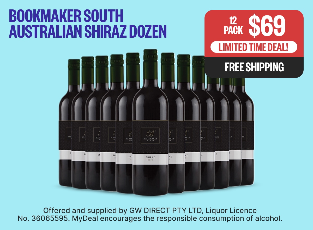 Bookmaker South Australian Shiraz Dozen - Limited Time Deal! | 12-Pack $69 | Free Shipping | Fineprint: This Product is offered and supplied by GW DIRECT PTY LTD, Liquor Licence No. 36065595. MyDeal encourages the responsible consumption of alcohol.