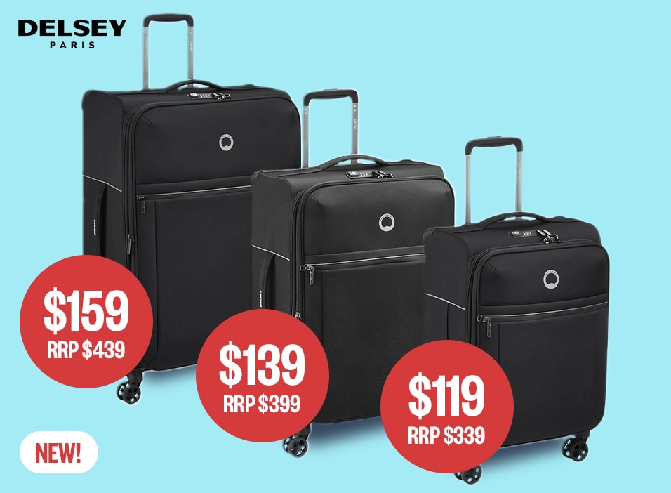 RRP $339 | $119 | RRP $399 | $139 | RRP $439 | $159 | Logo: Delsey | Badge: New!