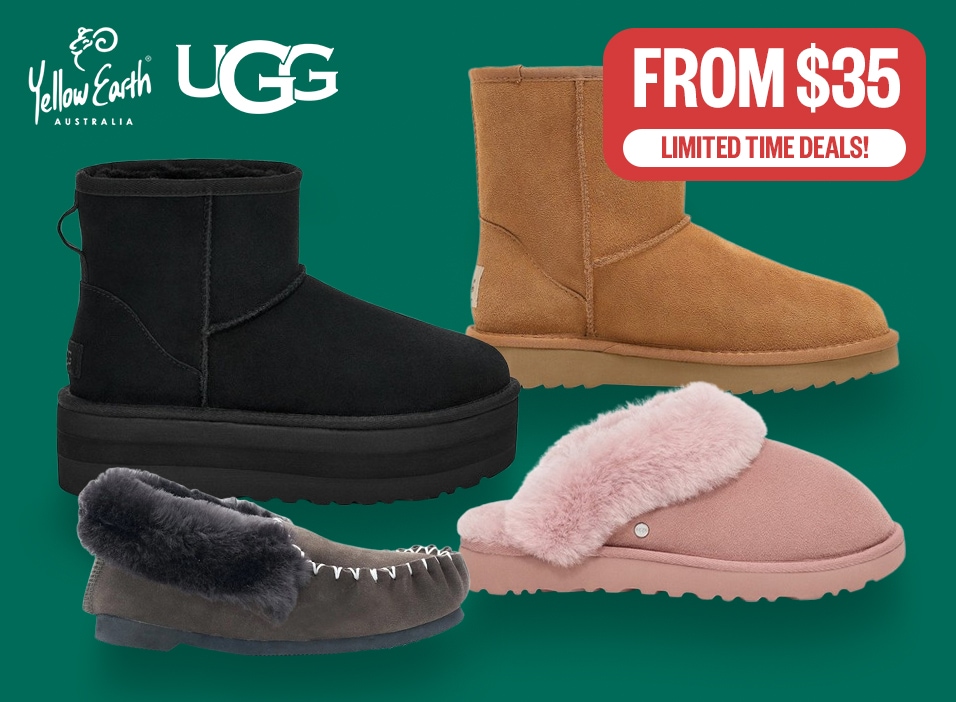 Ugg Boots & Slippers | Limited Time Deals! | From $35 | Logos: UGG, Yellow Earth