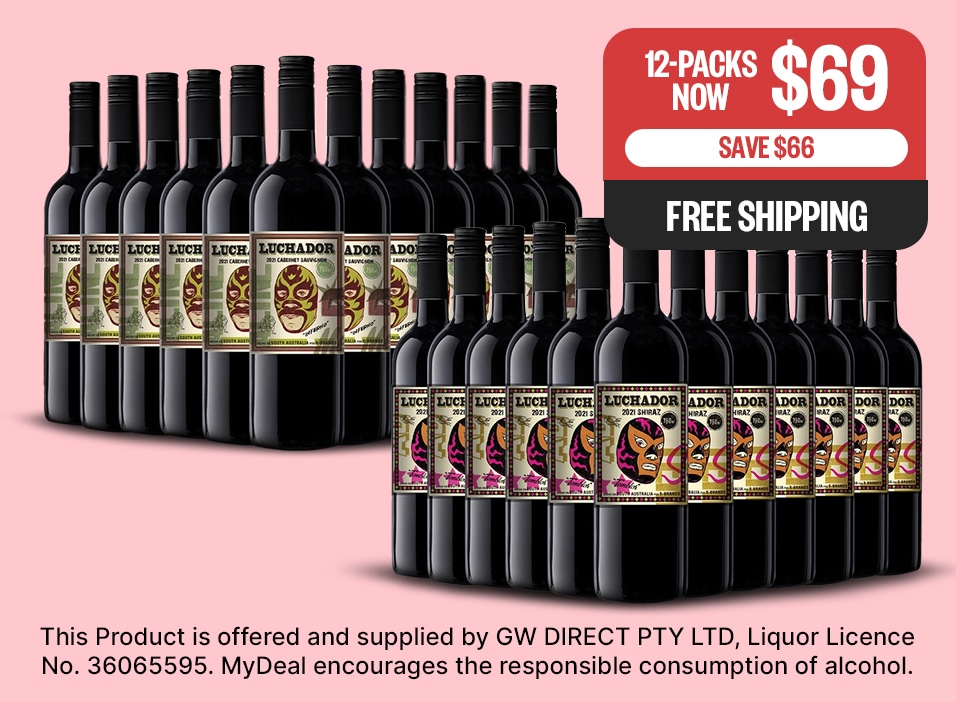 Luchador 2021 Red Wines | 12-Packs Now $69 | Save $66 | Free Shipping |  Fineprint: This Product is offered and supplied by GW DIRECT PTY LTD, Liquor Licence No. 36065595. MyDeal encourages the responsible consumption of alcohol.