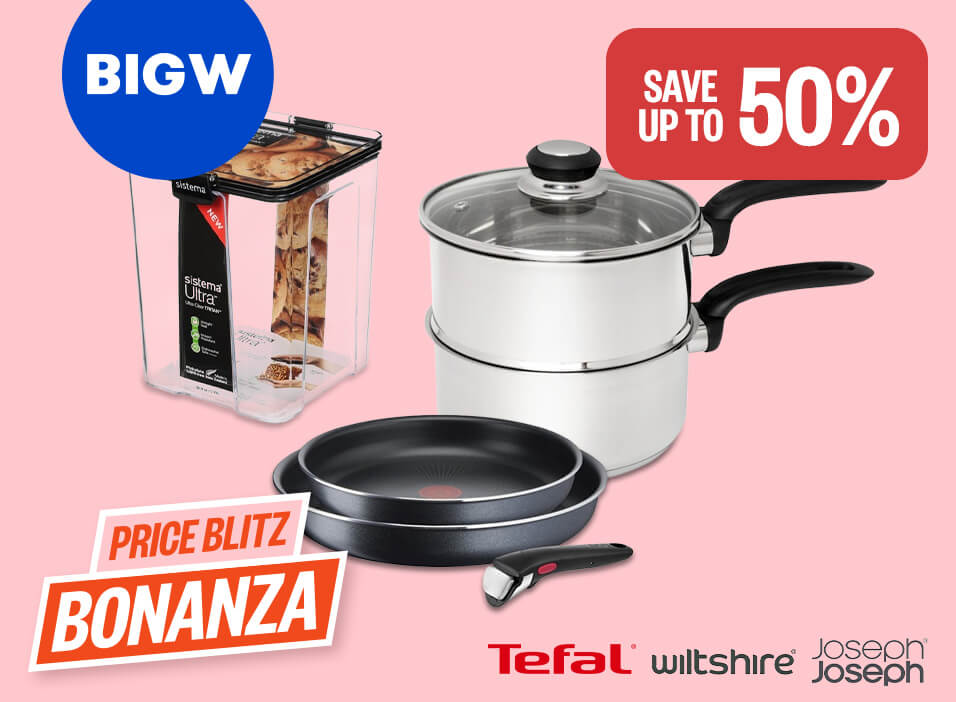 Kitchenware Superstore | Save Up To 50% | Logos: Big W, Tefal, Wiltshire, Joseph Joseph | Badge: Price Blitz Bonanza