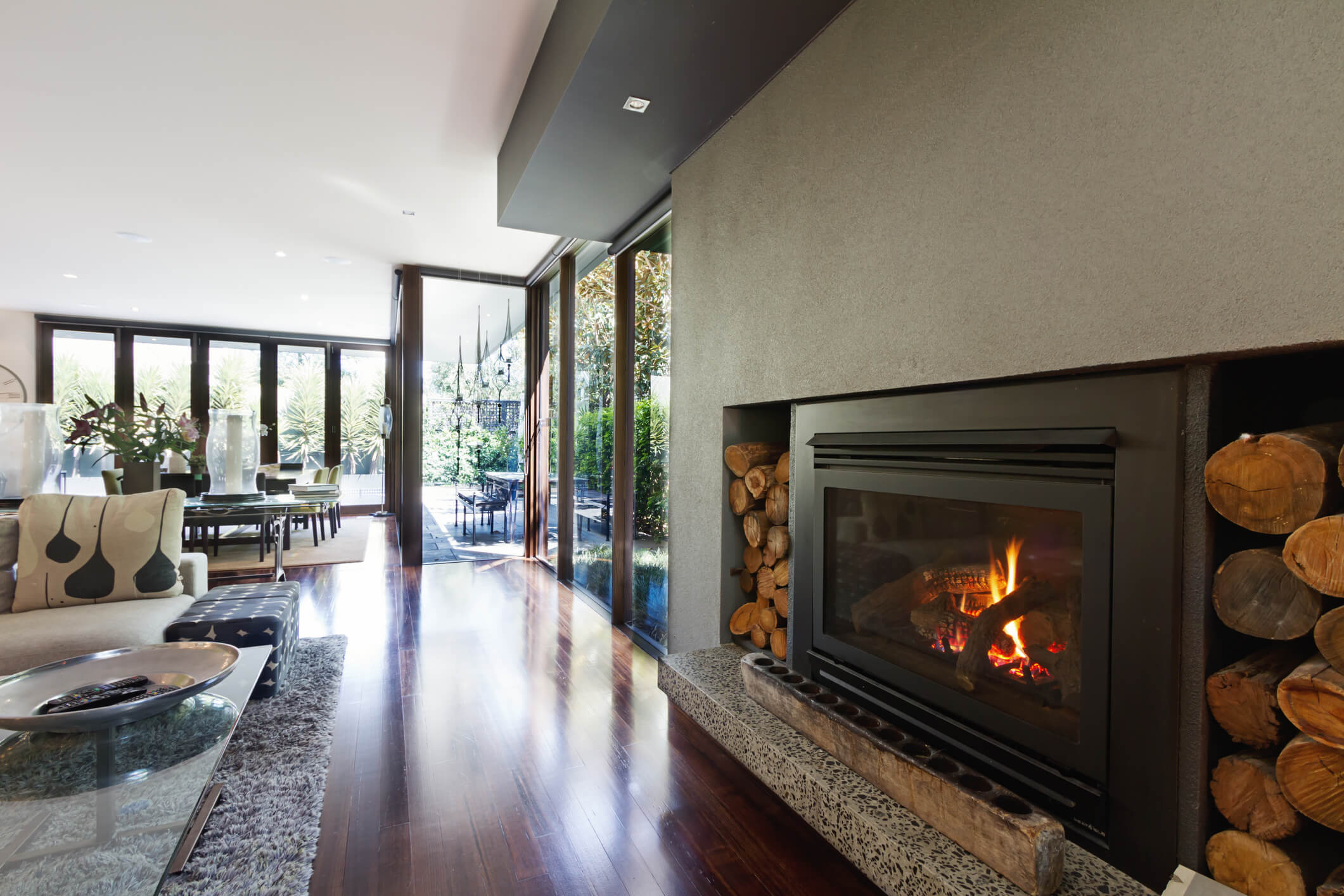 Cosy gas log fire in architect designed modern luxury