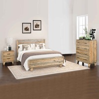 4 Pieces Bedroom Suite Double Queen King Size in Solid Wood Antique Design Light Brown Bed, Bedside Table & Tallboy