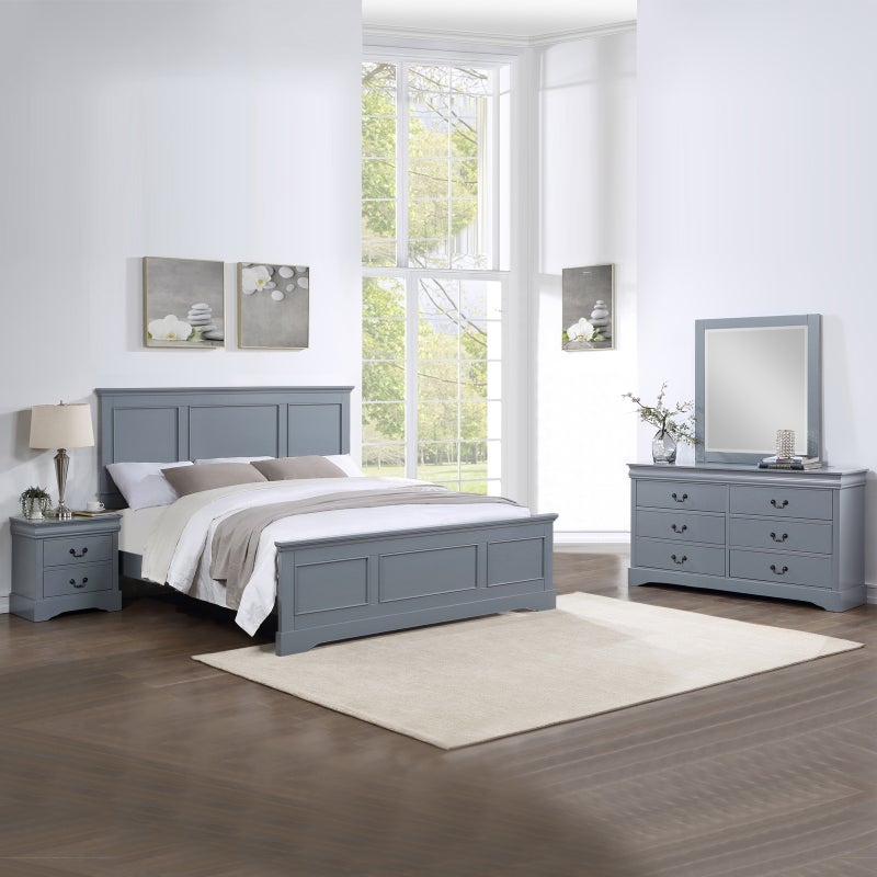 4 Pieces Bedroom Suite in Solid Wood & MDF King Size Grey Colour Bed, Bedside Table & Dresser