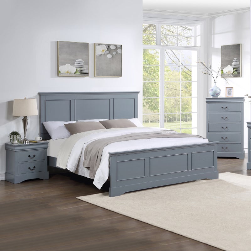 4 Pieces Bedroom Suite in Solid Wood & MDF King Size Grey Colour Bed, Bedside Table & Tallboy
