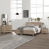 4 Pieces Bedroom Suite Natural Wood Like MDF Structure Double King Queen Size Oak Colour Bed, Bedside Table & Dresser