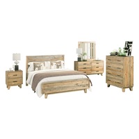5 Pieces Bedroom Suite Double Size in Solid Wood Antique Design Light Brown Bed, Bedside Table, Tallboy & Dressing Chest