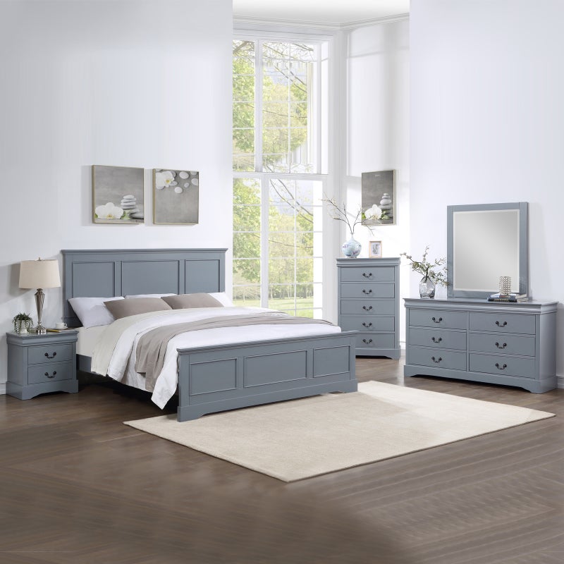 5 Pieces Bedroom Suite in Solid Wood & MDF King Size Grey Colour Bed, Bedside Table, Dresser & Tallboy