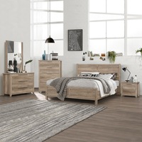 5 Pieces Bedroom Suite Natural Wood Like MDF Structure Double King Queen Size Oak Colour Bed, Bedside Table, Tallboy & Dresser