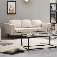 3 Seater Sofa Beige Fabric Modern Lounge Set for Living Room Couch with Wooden Frame