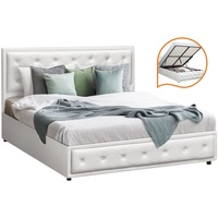 Oikiture Bed Frame Double Size Gas Lift Base With Storage White Leather