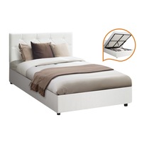 Oikiture Bed Frame King Single Gas Lift Storage Base White Leather COTI