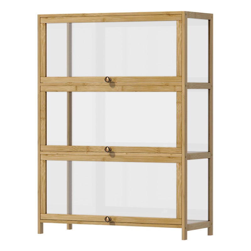 Oikiture Display Cabinet Storage 3-Tier Shelves Clear Bookcase Stand Rack Oak