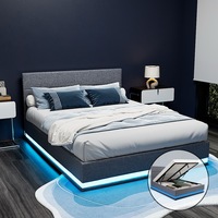 Artiss RGB LED Bed Frame Queen Size Gas Lift Base With Storage Grey Fabric LUMI