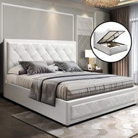 Artiss Queen Size Gas Lift Bed Frame Base With Storage Mattress White Leather WHITE TIYO