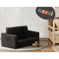 Keezi Kids Convertible Sofa 2 Seater Black PU Leather Children Couch Lounger