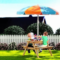 Keezi Kids Outdoor Table and Chairs Picnic Bench Umbrella Set Water Sand Pit Box