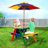 Keezi Kids Outdoor Table and Chairs Picnic Bench Set Umbrella Colourful