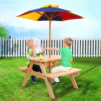Keezi Kids Outdoor Table and Chairs Wooden Picnic Bench Set Umbrella