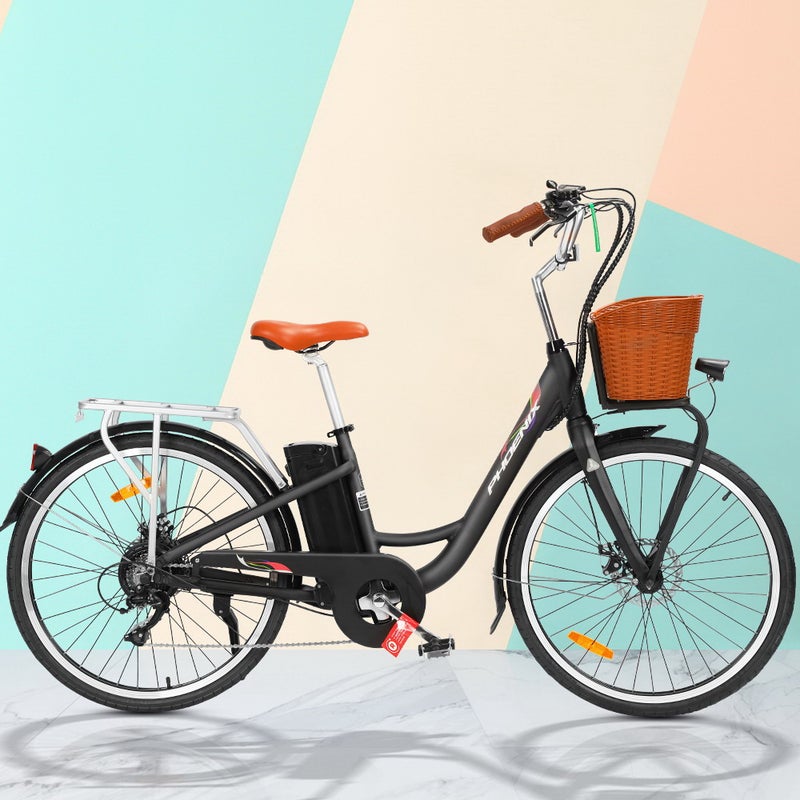 Phoenix Electric Bike City Bicycle eBike e-Bike Urban Commuter Battery Bikes 26 inch Black