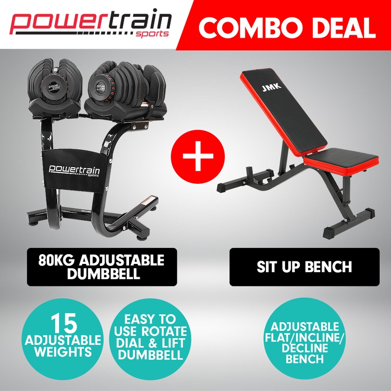 2x 40kg Powertrain Adjustable Dumbbells and Stand Home Gym w/ Bench Australia