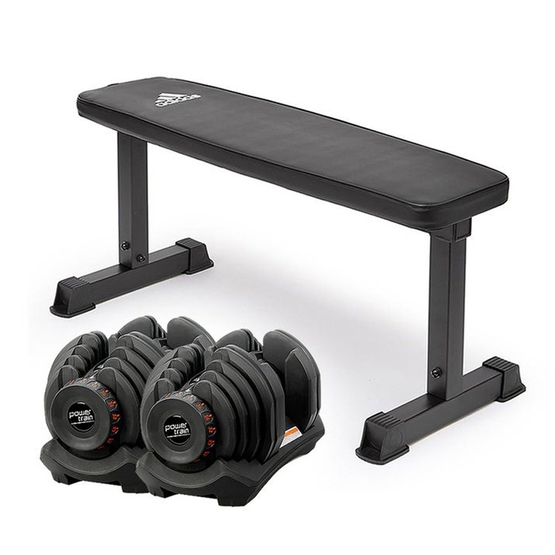 2x 40kg Powertrain Adjustable Dumbbells Weights Home Gym w/10437 Adidas Bench Australia