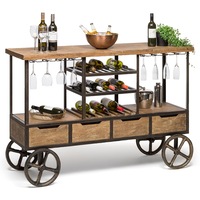 Industrial Wooden Drinks Trolley Bar Cart Station with Wine Rack Storage