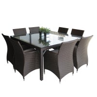 Roman 8 Square Outdoor Wicker Glass Top Dining Table And Chairs Setting