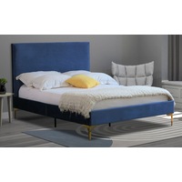 Modern Classic Cristian Double Velvet Bed Frame Blue with Gold Legs