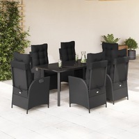 7 Piece Garden Dining Set with Cushions Black Poly Rattan vidaXL